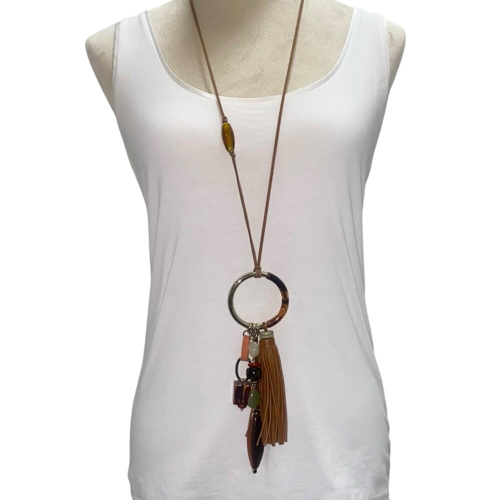 26" Chico's Tanned Leather BOHO Tassel Pendant Statement Necklace Party Jewelry